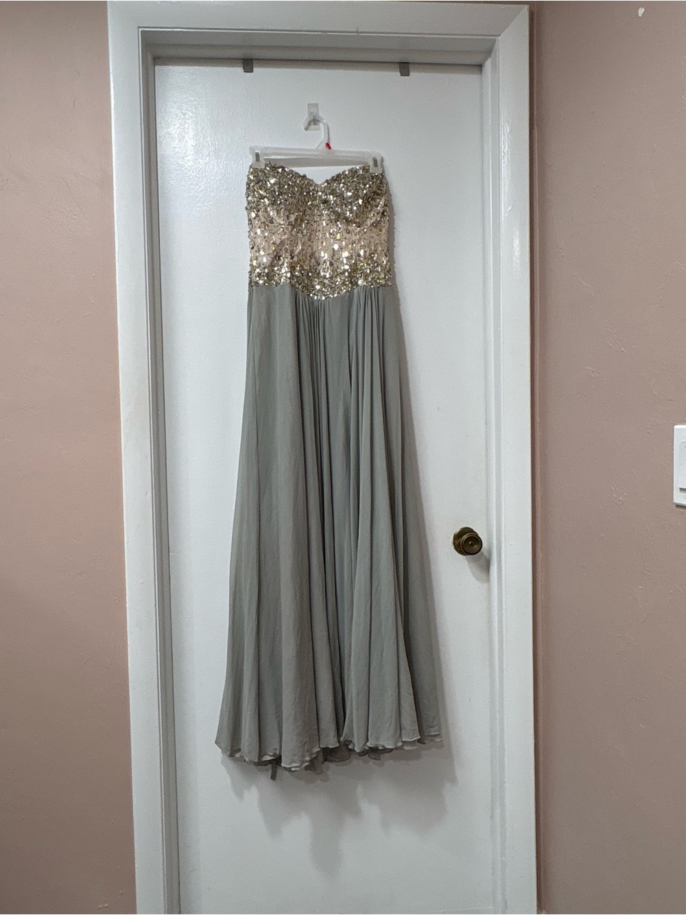 Terani Beaded Rhinestone Evening Gown Dress Silver Size 10